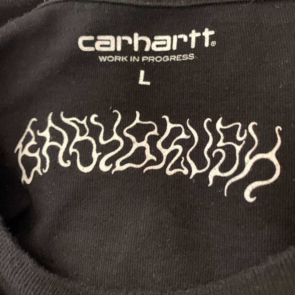 Carhartt Grin Long Sleeve T-Shirt with blue Flame Graphic, Size L - Picture 3 of 4